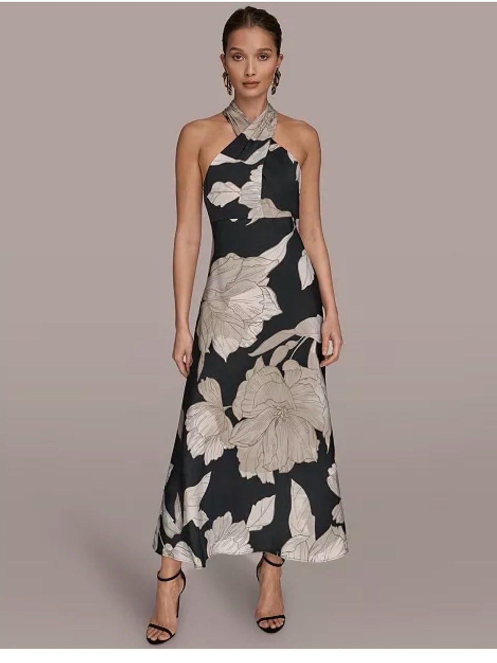 Donna Karan halter  Floral Maxi Dress in Black and Cream